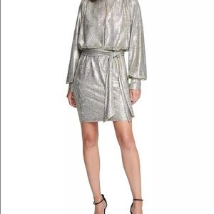 Vince Camuto metallic tie-waist shift dress. elegant fabric, sexy peephole